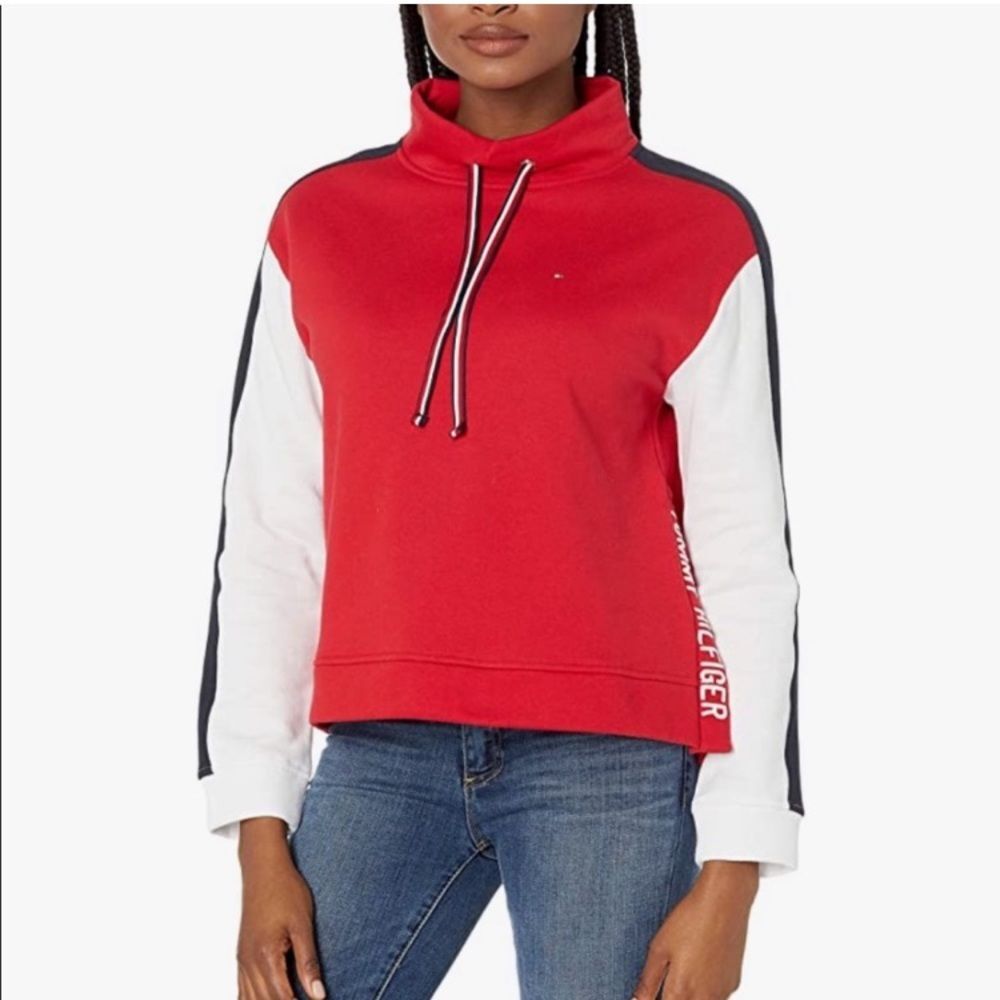 Tommy Hilfiger red color block cowl neck sweatshirt size small‎